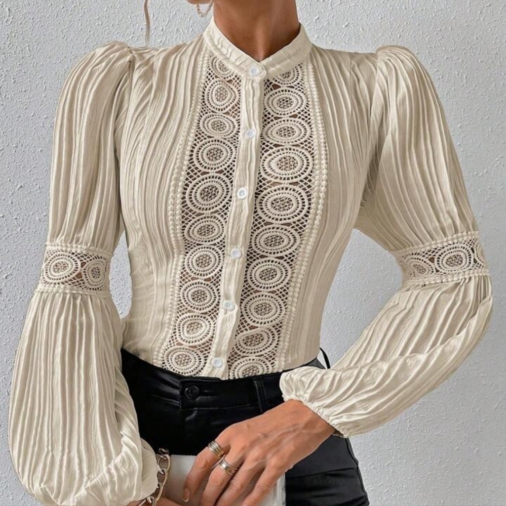 Women's Lace Splicing Lantern Sleeve Shirt - Picture 2 of 7